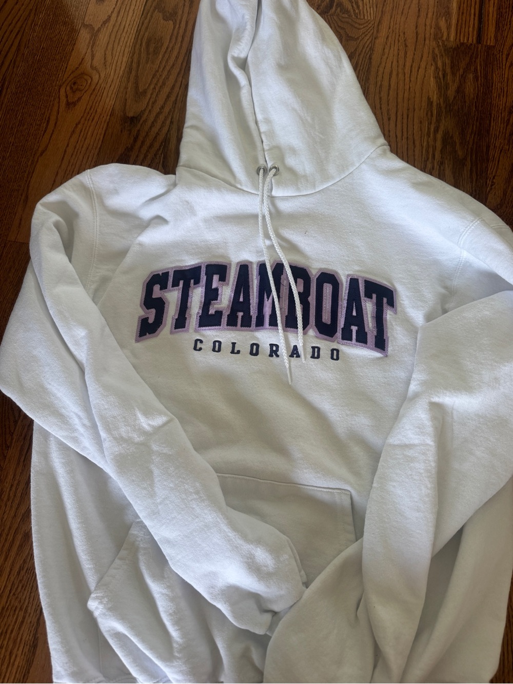 Champion White Hoodie with Purple Steamboat Colorado Logo